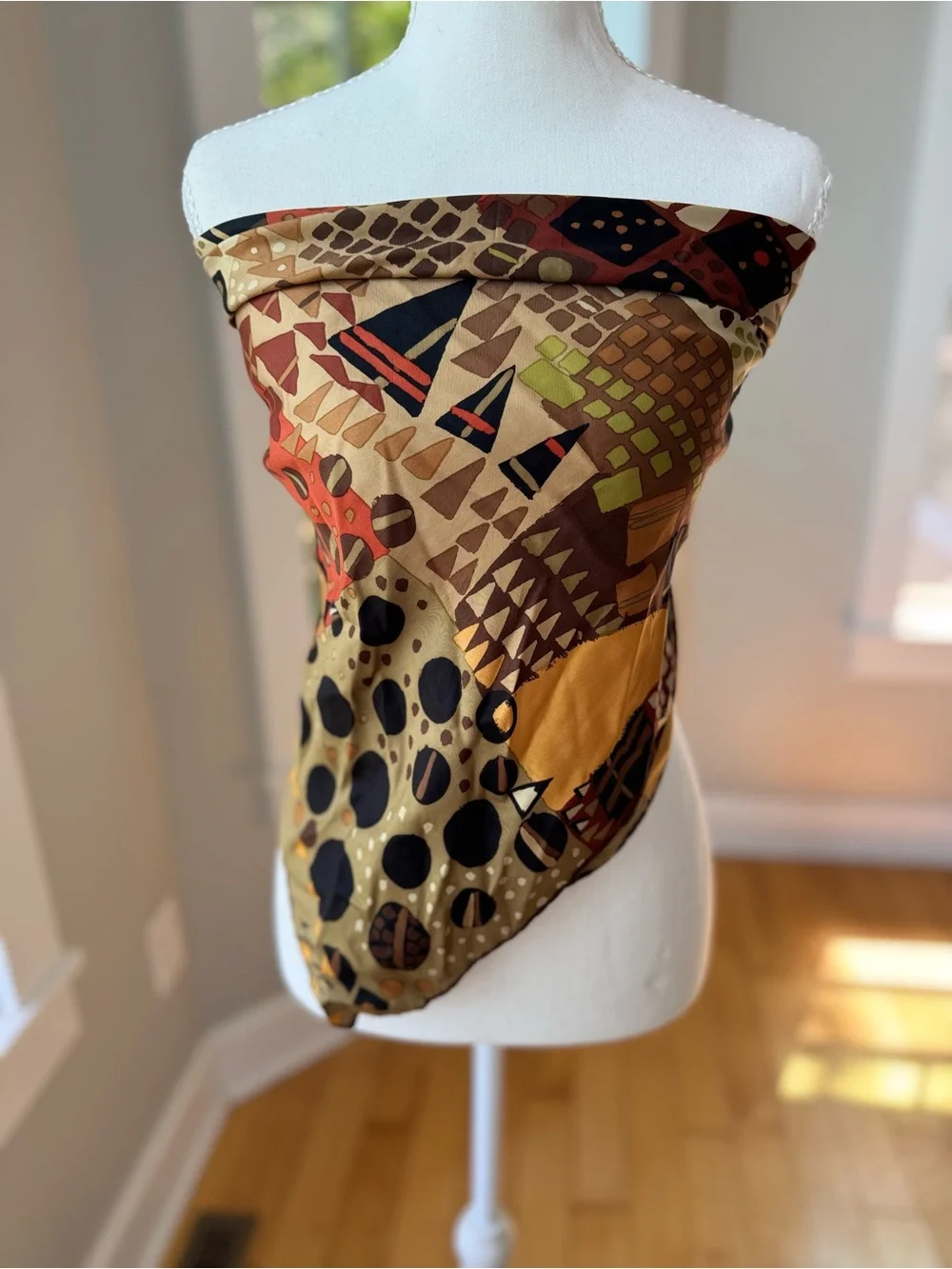 Vintage Ken Scott Made in Italy Multicolor Large Square Silk Scarf Tan Black